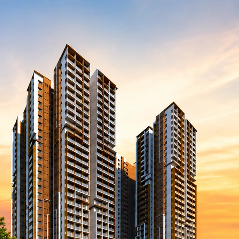 Towers of DSR The Address with wood-toned balconies against a golden sky