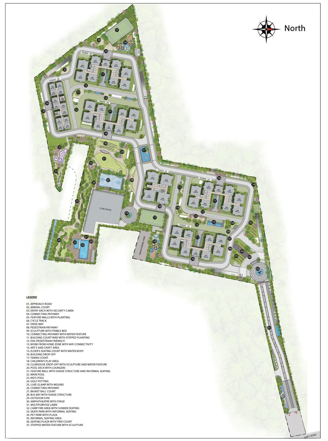 Site plan of DSR The Address: six towers, the clubhouse, pools, courts and gardens, with a numbered legend